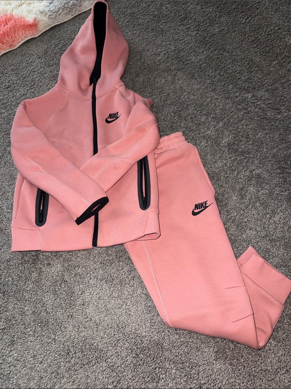 Nike Tech Pink Zip Hoodie & Joggers Set with Black Accents